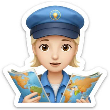 A person with a travel cap and a map, asking for travel duty flight, lively and dynamic sticker