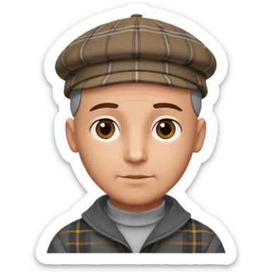 a bald man wearing a grey and brown tratan flap cap looking really hopeful sticker
