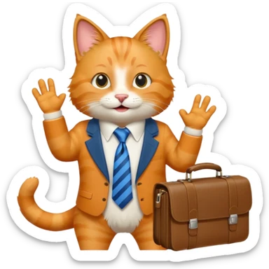 happy cat with a blue tie and briefcase, waving sticker