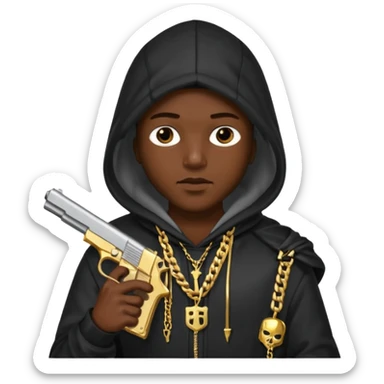 Chuky con pistola encapuchado y con collares sticker