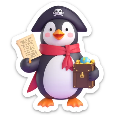 a cute penguin pirate holding a treasure map sticker