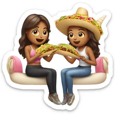 two women eating tacos, riding a unicorn sticker