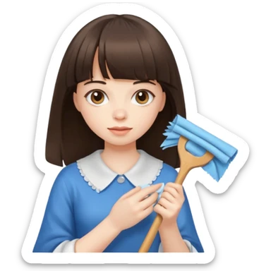 girl brunette with bangs long hair cleaning sticker