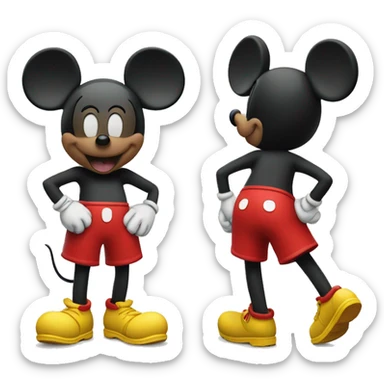 Mickey Mouse wearing red shorts and big yellow shoes, smiling happily. sticker