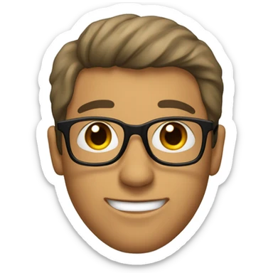 a guy's face with a hair cut called "curtains", black glasses and brown eyes sticker