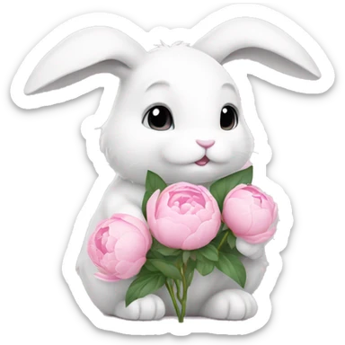 cute white bunny holding light pink peonies sticker