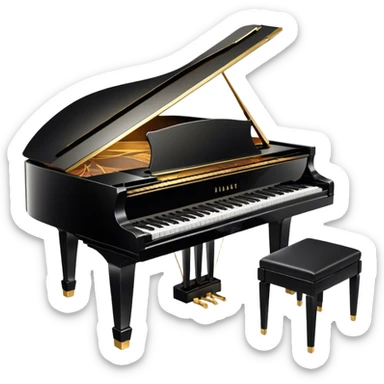 Cinematic Realistic Piano, glossy black grand piano with elegantly curved edges, pristine white and black keys, soft golden light reflecting off its polished surface, faint reflections of a musician’s hands, glowing with refined elegance and musical depth. sticker