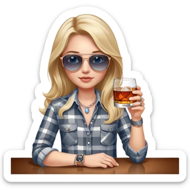 girl with long blond hair, wearing grey/white plaid shirt, with blue eyes and aviator sunglasses, wearing a ring on her silver necklace around her neck, holding a glass of whiskey, wearing rose gold apple watch sticker