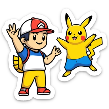 Hot handsomeb muscular 6ft tall smiling happy clean shaven Ash Ketchum giving Pikachu a high five sticker