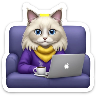 a cute blue eyed ragdoll cat wearing the dark violet sweater with yellow letteting "Milena" sitting on the grey sofa with grey laptop and drinking coffee sticker