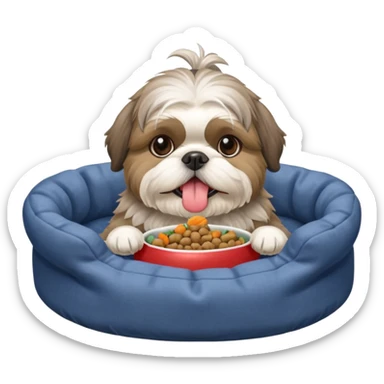 old grey shih tzu in dog bed with bowl of food tongue hanging out sticker