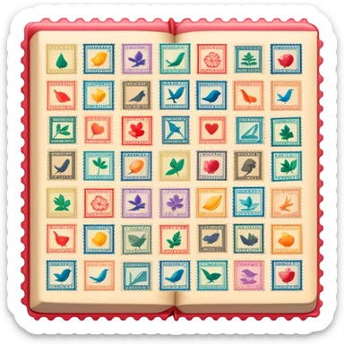 Icon for Stamp Collecting: a large stamp block in the center and a collection of vintage and colorful stamps arranged in an album or on a desk, with showcasing different themes. The icon should reflect the charm and history of philately. Transparent background. sticker