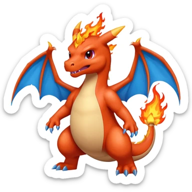 cute minimalistic red charizard pokemon throwhing flames 2 horns, blue wings only on the inside part sticker