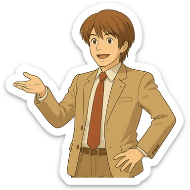 Create an exact Light Yagami in Ghibli style, standing with one hand on his hip and the other gesturing outward, wearing the same suit, with the same confident expression, transparent background. sticker