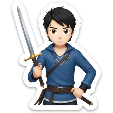 Create me an anime character boy emoji looking very cool with swords on his hand sticker