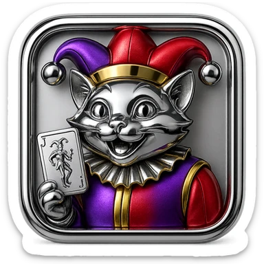 crazy colorful cute little cat jolly joker from poker, medieval, vintage, court jester, mac os icon, purple, gold and red color, half body. Squared shape as 3D mac os icon, symmetrical sticker