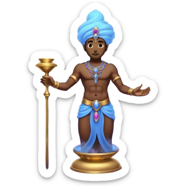 mystical fantasy illustration of a powerful jinn emerging from an ancient golden lamp. Glowing blue and purple smoke spirals upward in a smooth circular motion, creating the illusion of a looping animation.  sticker