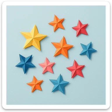 origami paper stars, scattered arrangement, gentle shadows, light blue background sticker
