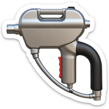 handheld fuel dispenser with a trigger, metallic look, slightly curved tip, black rubber hose attached, shown from a different angle sticker