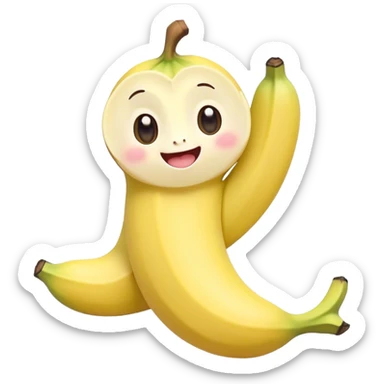Cute Kawaii Banana, slightly curved, soft pastel yellow, cute giggling face with big round eyes, tiny arms waving happily, a peeled section revealing a smiling expression! sticker