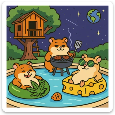 Discord server icon, 512x512 px, square format, summer pool cookout scene with up to 3 hamsters floating on pool toys, weed leaf, cheese, and THC theme, near a treehouse, in space. Flat toon style, more saturated colors, bold outlines, nostalgic, fun, inviting, summer party vibe, clear composition, crisp details, designed to look good even at tiny size. sticker