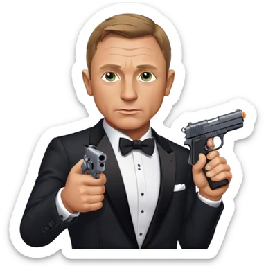 Cinematic Realistic James Bond Daniel Craig Portrait Emoji, depicted as the ultimate suave and enigmatic secret agent, donning a sharply tailored tuxedo, gripping a sleek handgun, with a piercing gaze that exudes confidence and danger. The scene is infused with moody, high-contrast cinematic lighting, evoking the thrilling world of espionage and intrigue. sticker
