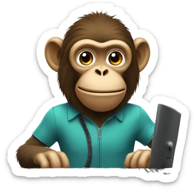 A monkey at a computer. There's a lot of money next to it. sticker