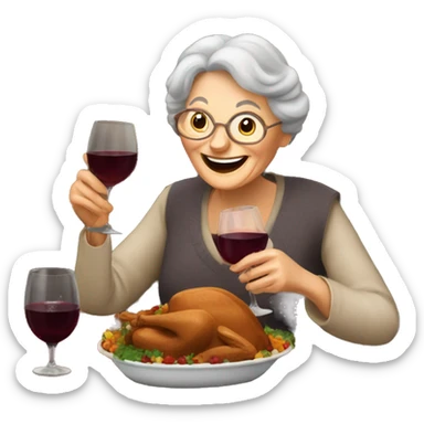 Happy old lady eating thanksgiving dinner holding a glass of red wine sticker
