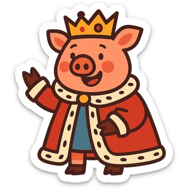 king pig with royal robe and crown, playful style sticker