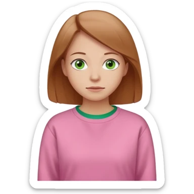  Una donna con una felpa semplice rosa, senza cappuccio. i capelli sono lunghi fino alle spalle marroni chiaro,gli occhi sono verdi e la bocca è contenta ma non sorride sticker