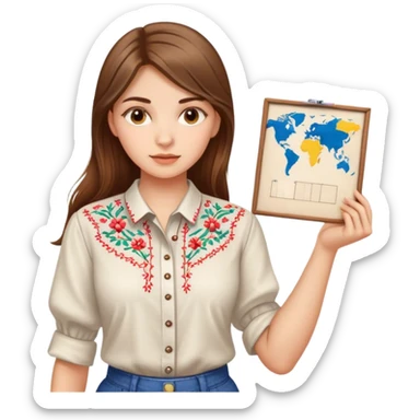 A Ukrainian girl with brown hair in an embroidered shirt holds a diagram sticker