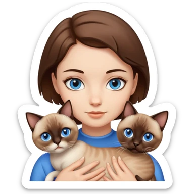 a white girl with brown short hair and brown eyes holding a siamese cat with blue eyes sticker