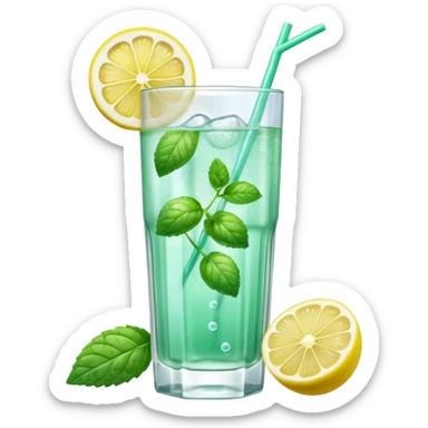 A 3D cartoon transparent glass with sparkling lemon mint drink, bubbles, mint leaves and lemon slice, clear ice, realistic condensation, Memoji-style detail. sticker