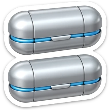capsule pill emoji, metallic silver halves, smooth glossy finish, futuristic pharmaceutical 3D icon, isolated on white sticker