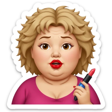 fat lady with double chin and messy hair remove the lipstick on chin sticker