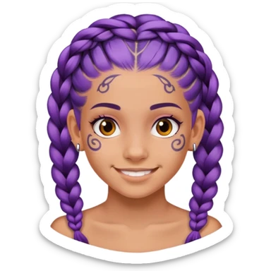 Con gái, 15 tuổi, cười mỉm, da nâu, tóc tím tết tóc cuốn lọn trên đầu, xăm trên mặt sticker