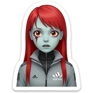 Crie um emoji de uma menina zumbi  com o cabelo vermelho longo com uma franja reta casaco de gola alta da adidas sticker