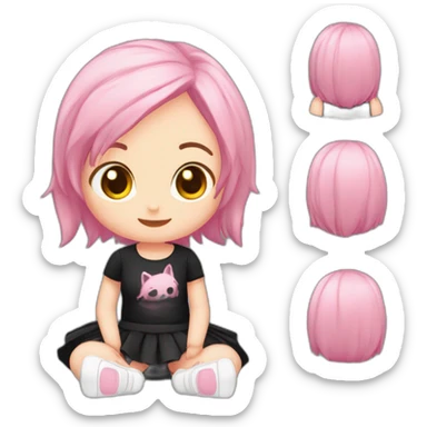 Full body Front view curvy emo girl pink hair sits on the floor straight view hands up black skirt белые трусики полосатые рваные чулки sticker