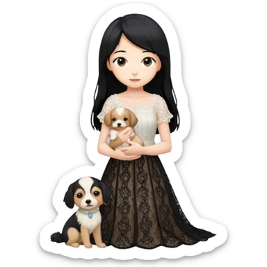 Pastel anime lady long hair with long lace dress full body holding puppy sticker