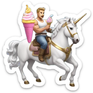 Strong man, machine gun, flying on a unicorn eating ice cream with a unicorn hat on with 500 kids sticker