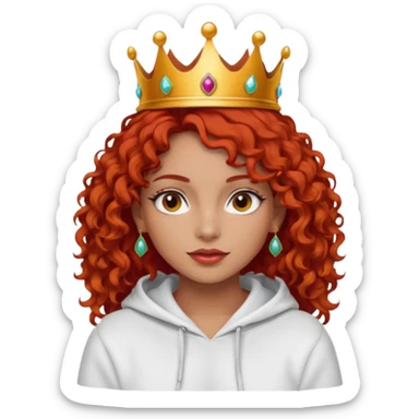 
Slim girl with a fine face, dark and tanned skin, medium-length curly tomato-red hair, dark eyes, medium-thick eyelashes, and a crown and earrings, wearing a white hooded sweatshirt. sticker