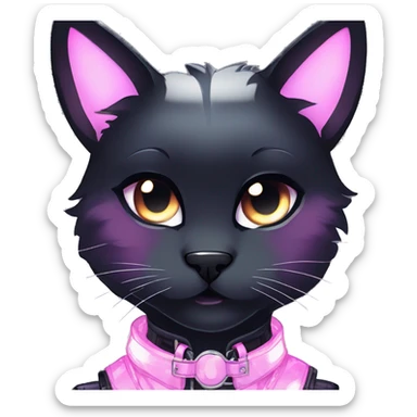 Gorgeous sparkly shiny gradient gothic dark techwear anime style anthro cat with blushing face aesthetic and pretty edgy black with collar and harness trending style sticker