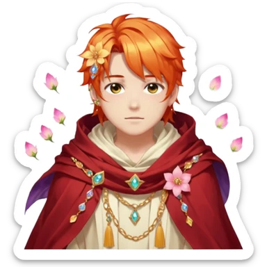 Beautiful gorgeous anime boy with beautiful fiery-special-medium-long-hair, fashion aesthetic, ethereal, fairycore, pastelcore, flower petals, crystals, layered robes, toga, cloak scarf, accessories, jewelries, gold, colorful, shiny, trending style, outside sticker