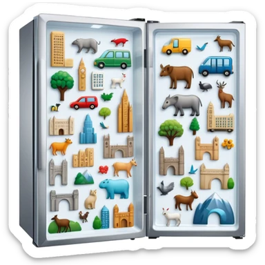 Icon for Magnet Collecting: a close-up of a fridge door covered with a variety of magnets, featuring cities, animals, symbols. The icon should highlight the diversity and charm of magnet collections. Transparent background. sticker