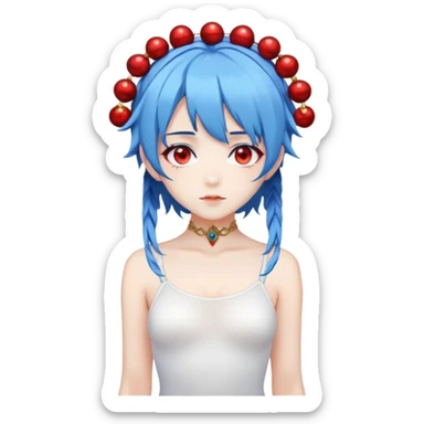 blue haired anime girl with red eyes, two dangly thangs on her head and a white bodysuit sticker