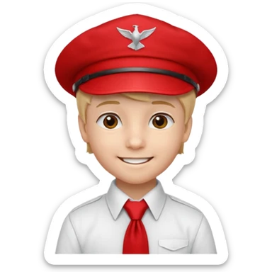 A Soviet pioneer emoji — smiling young boy wearing a white shirt with a bright red pioneer necktie and a classic red pilotka cap. The pilotka cap should fit closely to the head, without brims or side flaps, slightly folded at the top. not a cowboy hat. Flat, smooth 3D shading sticker