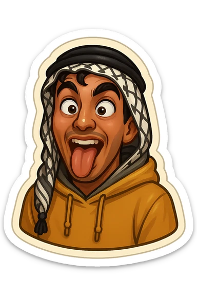 Ara, a young Arab man with medium brown skin, black hair, in casual Middle Eastern streetwear with keffiyeh scarf or hoodie, making a crazy face with tongue out, wild exaggerated facial expression, cartoonish, vibrant, bold, very expressive, emoji-style sticker sticker
