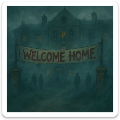 Add thick fog and swirling mist throughout the scene to enhance the creepy atmosphere, keep all other details unchanged. sticker