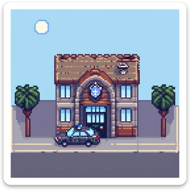 detailed police station building with police car parked outside, pixel art style sticker