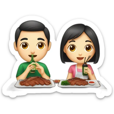 An Asian couple girl eating Korean bbq and drinking soju sticker